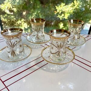 Vintage Turkish Tea Glasses Saucers Service for 4 with Gold Rim Etched Glass